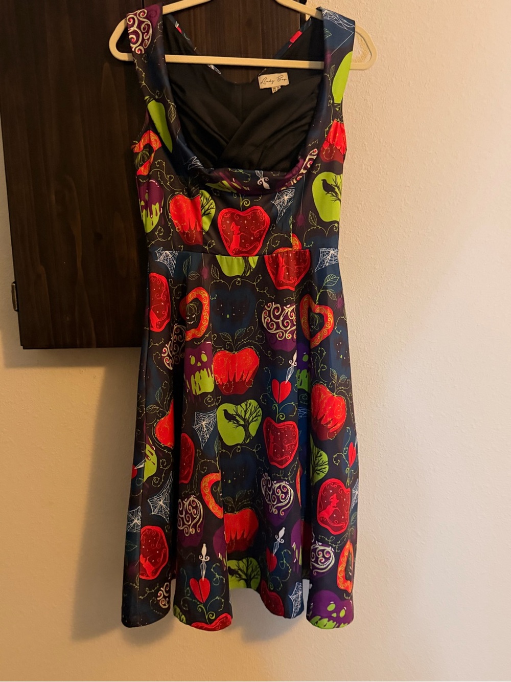 Lindy Bop Navy Dress with Red & Lime Green Apple Print